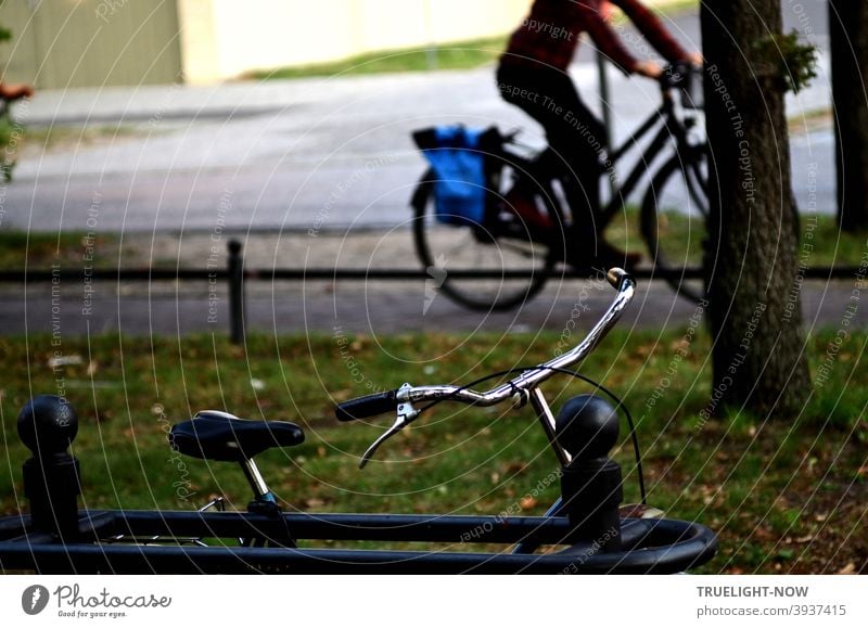 Auf dem Radweg neben der Straße fährt ein Mensch auf einem Damenfahrrad mit blauer Gepäcktasche vorbei, während im Vordergrund auf dem Grünstreifen ein Fahrrad mit Chrom farbigem Lenker an einen Zaun angelehnt steht; dazwischen ein Baum