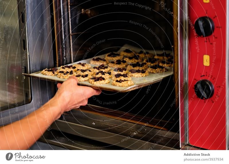 Koch backt Kekse im Ofen Gebäck Konditorei backen Küchenchef vorbereiten professionell Teigwaren Schot Tablett kulinarisch Lebensmittel Arbeit süß Prozess Job