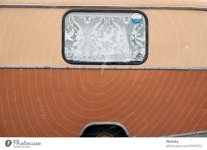 Spießige Gardine mit Rüschen im Fenster eines alten Wohnwagen der Fünfzigerjahre und Sechzigerjahre in Zweifarbenlackierung in Beige und Braun bei den Golden Oldies in Wettenberg Krofdorf-Gleiberg bei Gießen in Hessen