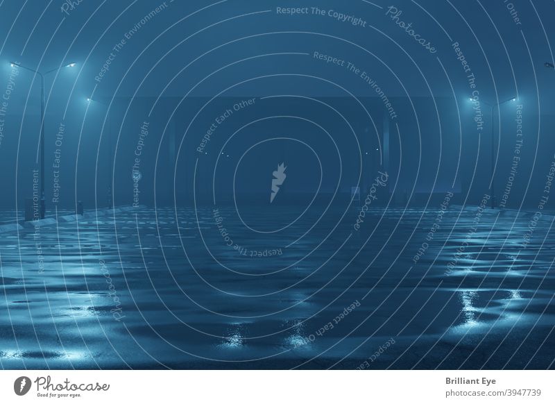 Verlassener beleuchteter Parkplatz im nächtlichen Nebel mit vielen Wasserpfützen Lichter kalt beängstigend glühen geheimnisvoll Quadrat Perspektive Ort PKW