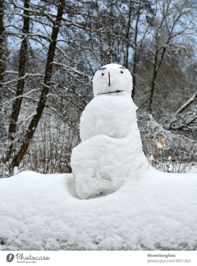 kleiner Schneemann auf einem Baumstamm sitzend im Winterwald schneemann winter schneien fros eisig kalt kälte niederschalg januar wandern bauen kinder spielen