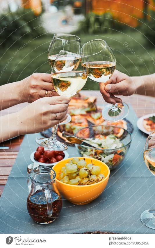 Freunde machen Toast während Sommer-Picknick im Freien Abendessen in einem Haus Garten Hinterhof Getränk Feier Speise trinken Essen Familie Festessen