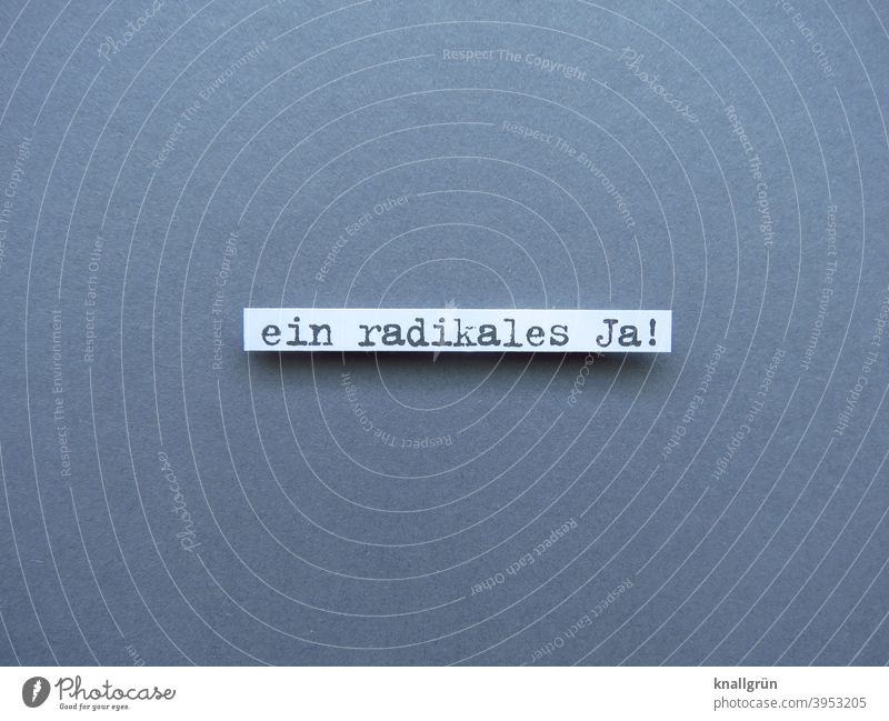 Ein radikales Ja! Zustimmung positiv Optimist Stimmung Optimismus fanatisch Buchstaben Wort Satz Letter Sprache Text Schriftzeichen Typographie Kommunikation