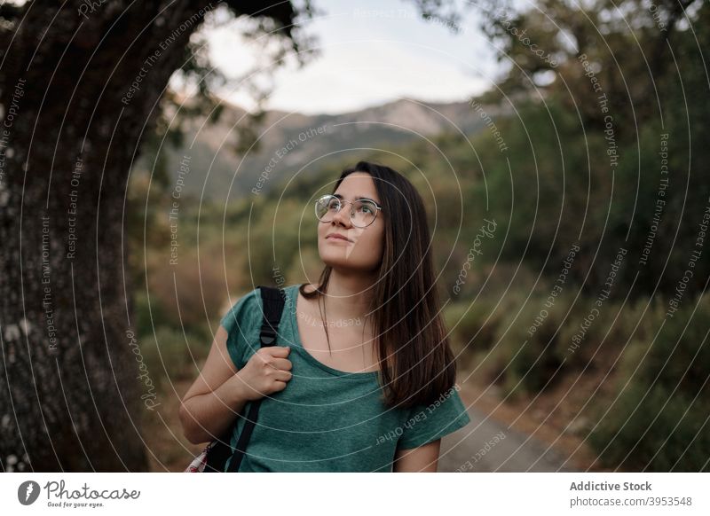 Aktive Frau erkundet Berglandschaft Reisender Berge u. Gebirge Wanderung Natur erkunden felsig Gipfel Straße Wald reisen Spanien Grazalema Wanderer Abenteuer