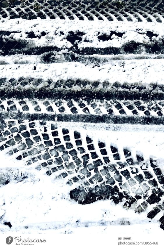 Reifenspuren im Schnee Spuren Winter kalt weiß Außenaufnahme Menschenleer Eis Frost Tag Schneespur Kontrast Schwarzweißfoto Schneedecke Wege & Pfade Fußspur