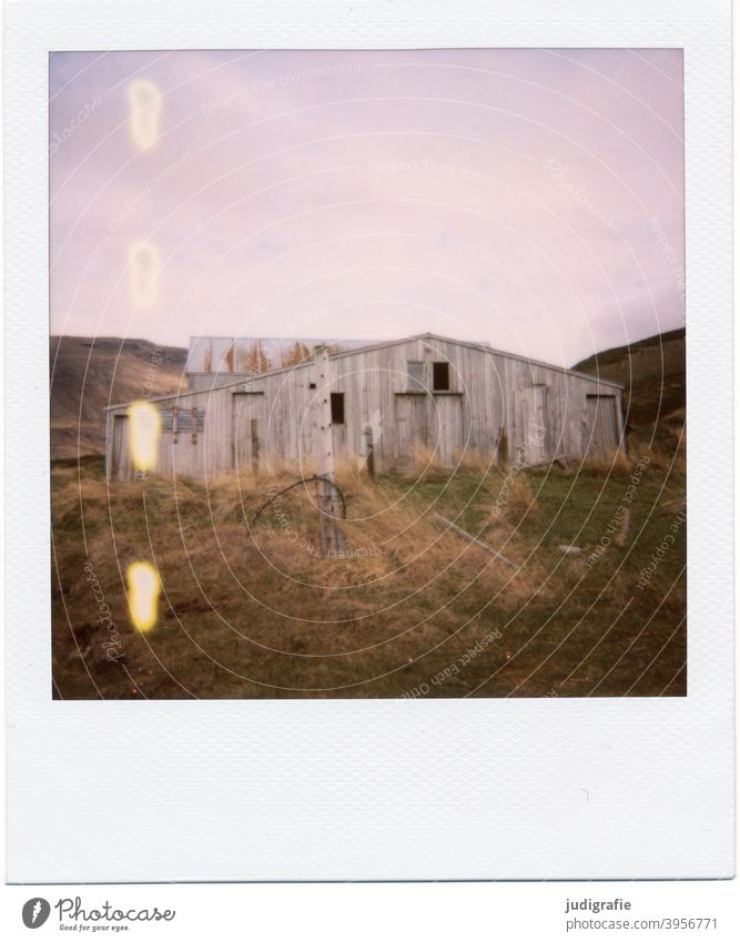 Isländisches Haus auf Polaroid Hütte Island Schuppen Scheune Holz Tür Fenster Eingang Einsamkeit Natur Menschenleer Gebäude