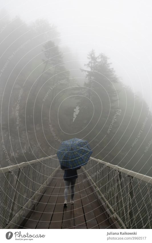 Frau mit Regenschirm im Nebel Außenaufnahme schlechtes Wetter Herbst Mensch Klima Umwelt Natur Landschaft Wald nass Tag Baum dunkel wandern Ausflug kalt