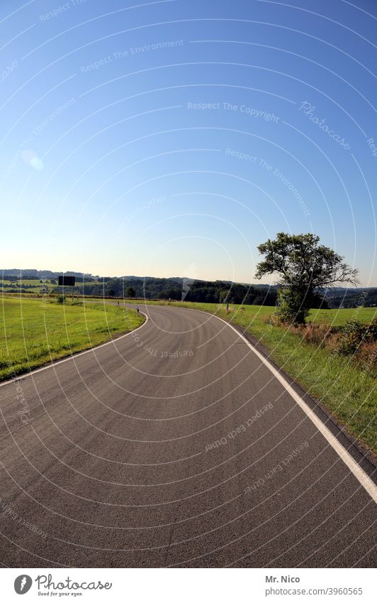 Landstraße Wege & Pfade Verkehrswege Straße Asphalt Umwelt Kurve Landschaft Feld Himmel Baum Natur Wiese Schönes Wetter Hügel Horizont Grünpflanze