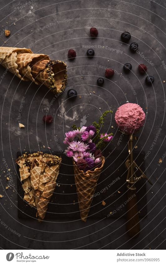 Eisportionierer im Löffel und Waffeltüten auf dem Tisch Speiseeis Baggerlöffel Beeren Zapfen kalt Blume Dessert süß Atelier dunkel lecker Feinschmecker Metall