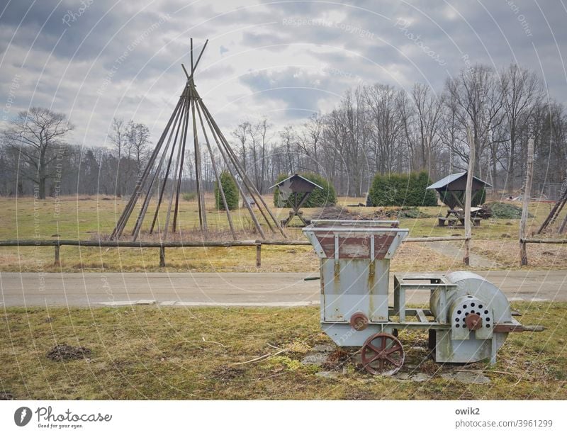 Ferienlager Zelt Balken Gerüst Tipi Gestell draußen einfach Bäume Streben Masten Horizont Himmel Außenaufnahme Natur Holz Farbfoto Menschenleer Wolken Umwelt