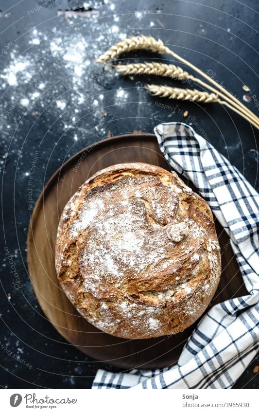 Ein knuspriger Brotlaib auf einem Holzbrett gebacken rustikal Kruste frisch Ernährung selbstgemacht organisch Frühstück Weizenähre geschirrtuch kariert