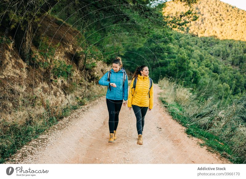 Reisende Frauen zu Fuß auf der Straße in den Bergen Wanderung reisen Berge u. Gebirge Spaziergang Zusammensein Freund Hochland Trekking Abenteuer Urlaub Natur