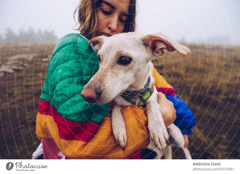 Frau küsst Hund in der Natur Kuss Besitzer Liebe Freundschaft Tier Zusammensein Angebot bezaubernd weiß schlendern Haustier Stammbaum gehorsam Eckzahn Begleiter