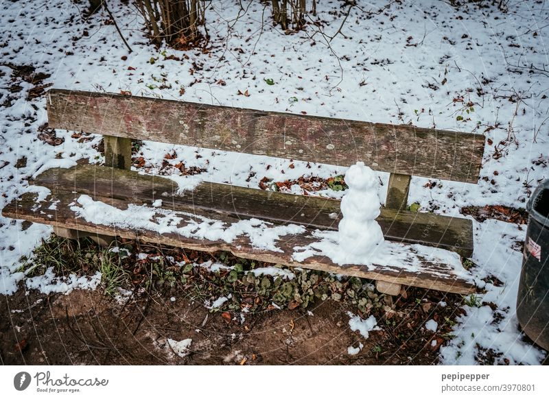 alte Bank im Schnee mit kleinem Schneemann darauf Winter kalt weiß Außenaufnahme gefroren Frost Jahreszeiten Eis frieren Dezember Eiskristall Raureif Kindheit