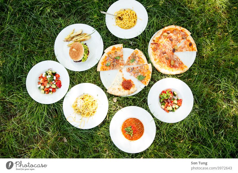 Weiße Teller mit Lebensmitteln auf Gras bei Sommerwetter Frau genießen Wetter Salatbeilage Gesundheit Party Camping Menschengruppe Burger Pizza Suppe Nudeln