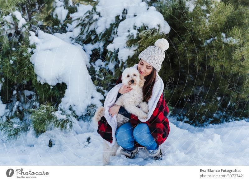 schöne Frau in verschneiten Berg Holding niedlichen Pudel Hund in den Armen in karierten Decke gewickelt. Wintersaison. Natur und Haustiere Schnee