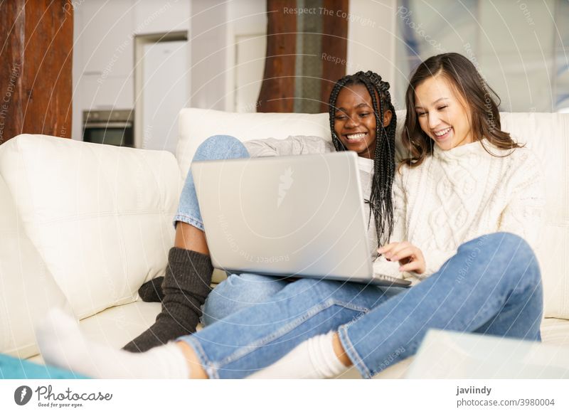 Zwei Studentinnen, die zu Hause mit einem Laptop auf der Couch sitzen. Frauen Freund multiethnisch Computer rassenübergreifend Liege Schüler schwarz Afro-Look