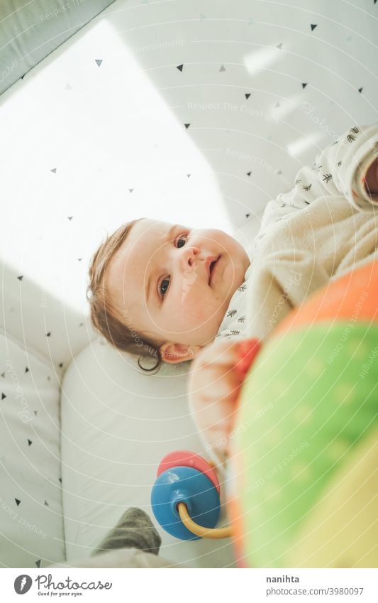 Porträt eines kleinen verspielten Babys in seiner Wiege spielerisch Kindheit Familie Liebe Glück niedlich Glückseligkeit warm weich kawaii bezaubernd