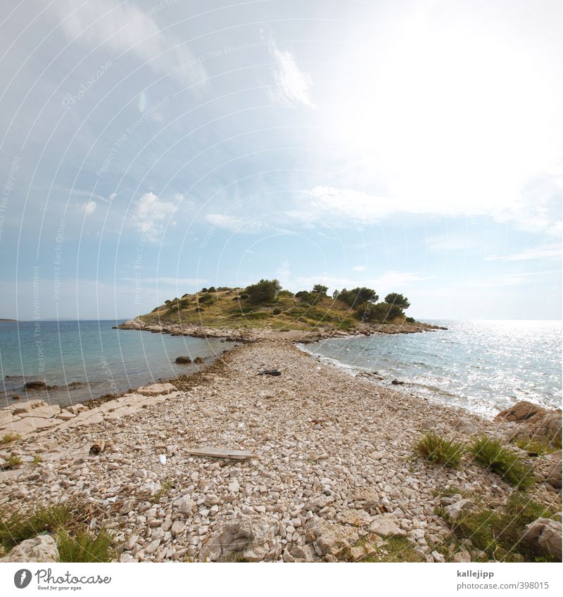 mirror island Umwelt Natur Landschaft Erde Wasser Himmel Horizont Sonne Sonnenlicht Sommer Wetter Baum Sträucher Hügel Felsen Wellen Küste Bucht Meer Insel frei