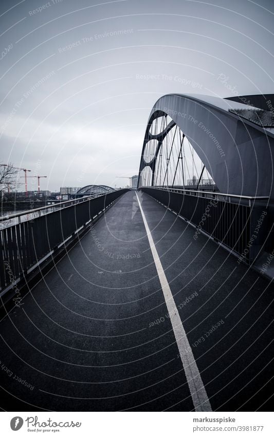 Osthafenbrücke Frankfurt am Main Stil Architektur Bank Gebäude Großstadt Fassadenverkleidung Design Revier Saum Gesicht Finanzen fließen Vorderseite Glas hoch