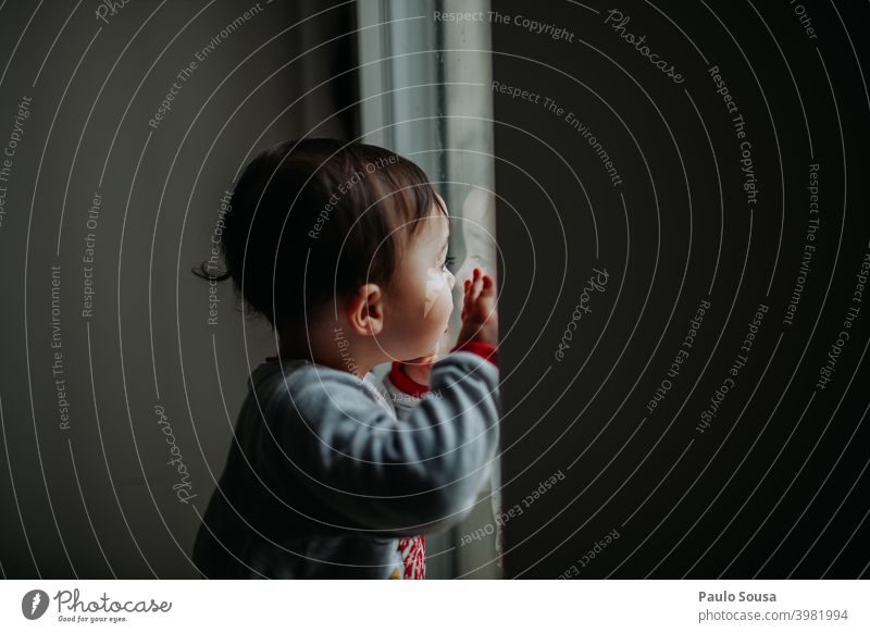 Kleinkind schaut durch das Fenster zu Hause zu Hause bleiben Kind Farbfoto Familie & Verwandtschaft Kindheit Quarantäne heimwärts Kontrast Innenaufnahme Junge