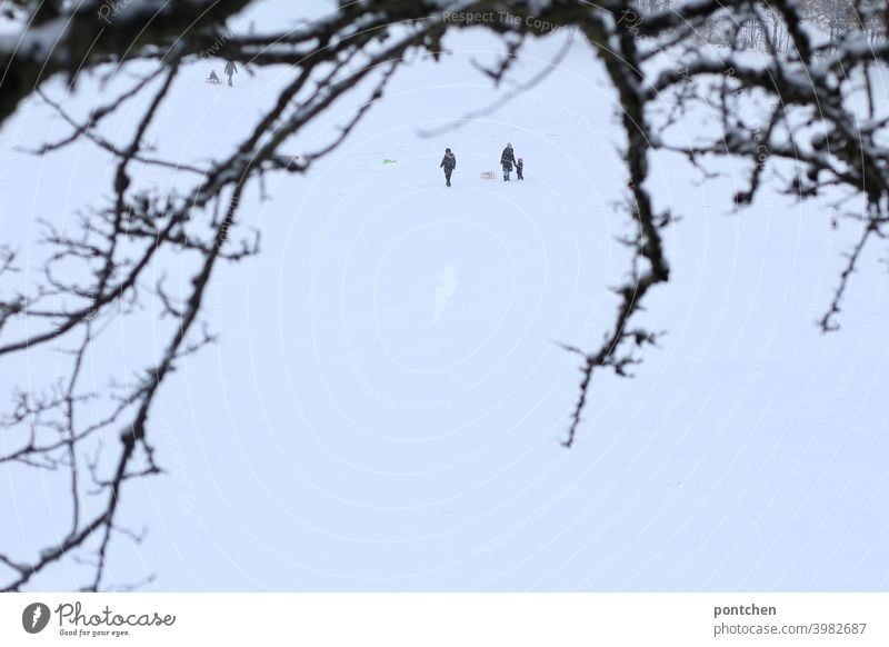 Menschen aus der Ferne im Schnee. Mutter mit Kind und Schlitten Winter schnee kind festhalten kinderspiel schlitten Freude Vergnügen weiß Natur Äste zweig