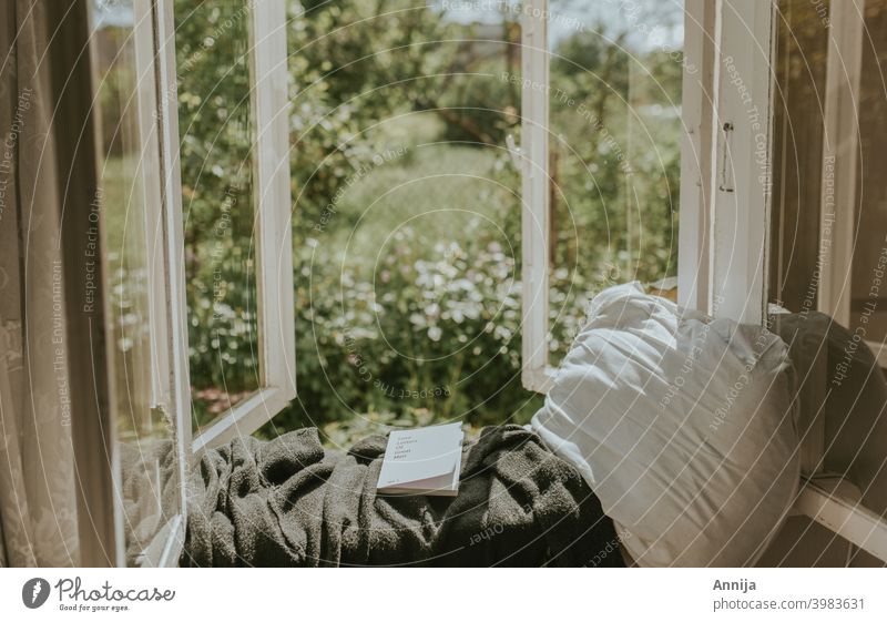 Morgenlektüre lesen Buch Fenster Garten Land Wohnen auf dem Land Bauernhof Scheune alt Bildung Literatur Roman Bibliothek lernen