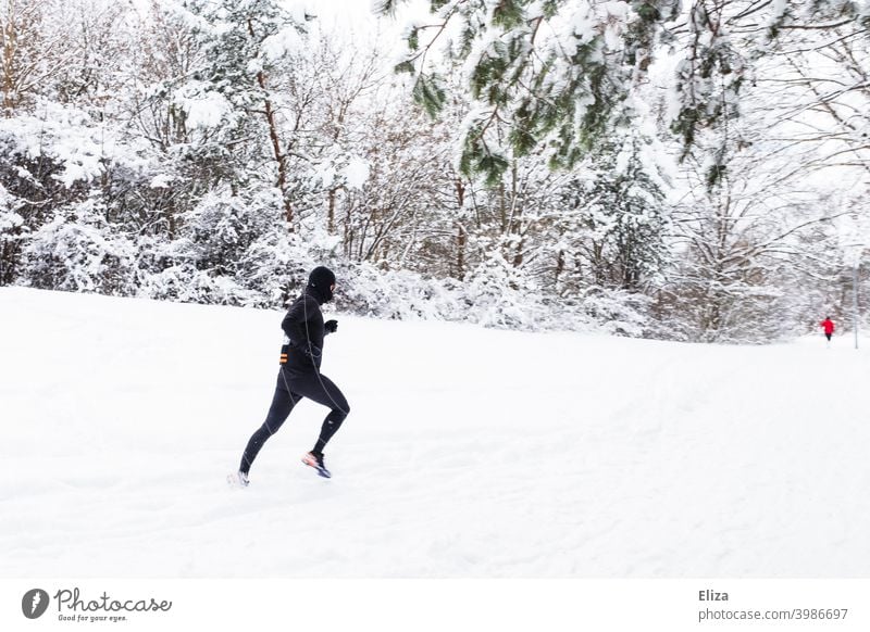 Ein Mann joggt im Winter durch den Schnee joggen laufen Sport Fitness Bewegung sportlich Park Natur Schneelandschaft Läufer Training Joggen Jogger