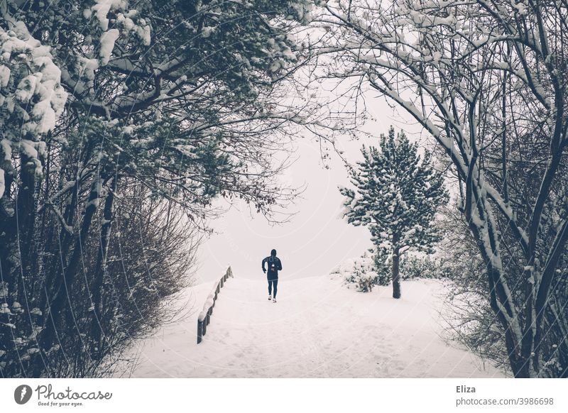 Ein Mann joggt im Winter durch den Schnee joggen laufen Sport Fitness Bewegung sportlich Park Natur Schneelandschaft Läufer Training Joggen Jogger