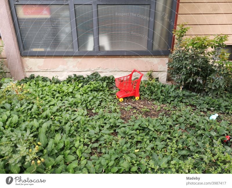 Roter Einkaufswagen in leuchtendem Rot mit gelben Rädern für Kinder im grünen Vorgarten eines Kindergarten im Westend von Frankfurt am Main in Hessen