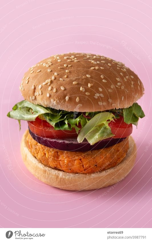 Kichererbsen-Burger mit Kopfsalat, Tomate und Zwiebel auf rosa Hintergrund alternativ Brot Diät Lebensmittel frisch Gesundheit Bestandteil Feldsalat Mittagessen