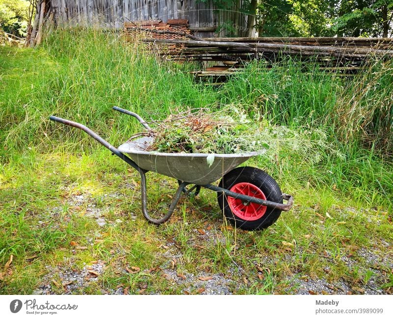 Schubkarre mit Gartenabfällen im Sommer im Grünen auf einem Bauernhof in Rudersau bei Rottenbuch im Kreis Weilheim-Schongau in Oberbayern Gartenarbeit Gärtner