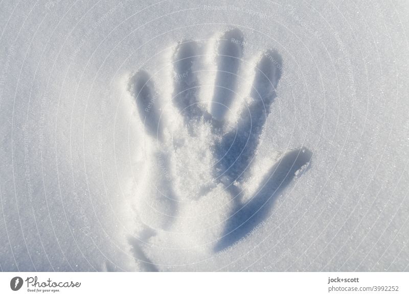 Handabdruck Im Neuschnee Schneedecke kalt weiß Winterstimmung einfach kalte Hand Silhouette Hintergrundbild Abdruck Sonnenlicht Schatten Lebenszeichen berühren