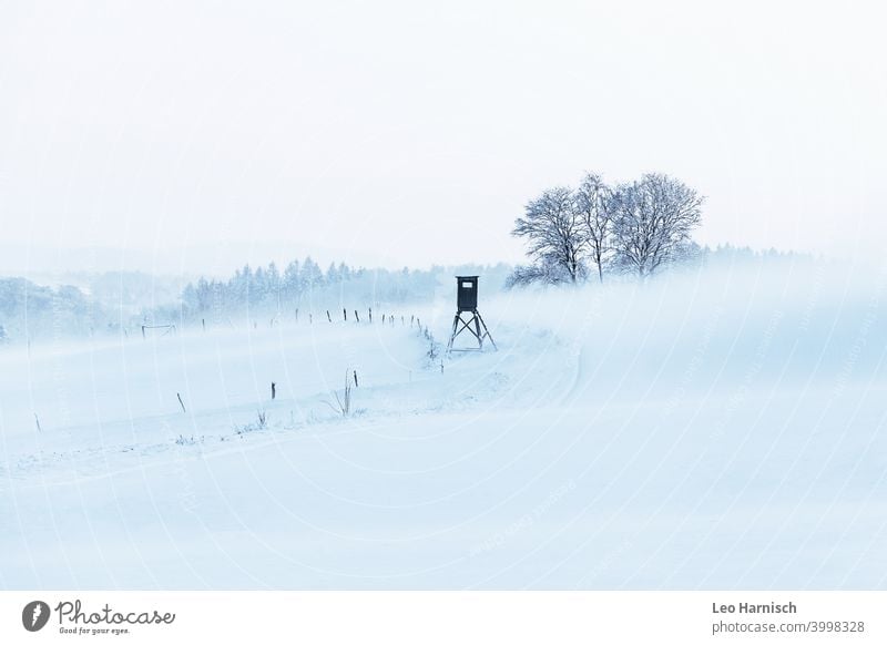 Winterliches verschneites Feld mit Hochstand Kälte Schnee kalt frieren Frost Landschaft wandern entdecken hohes Niveau Klima Natur Winterstimmung Dezember