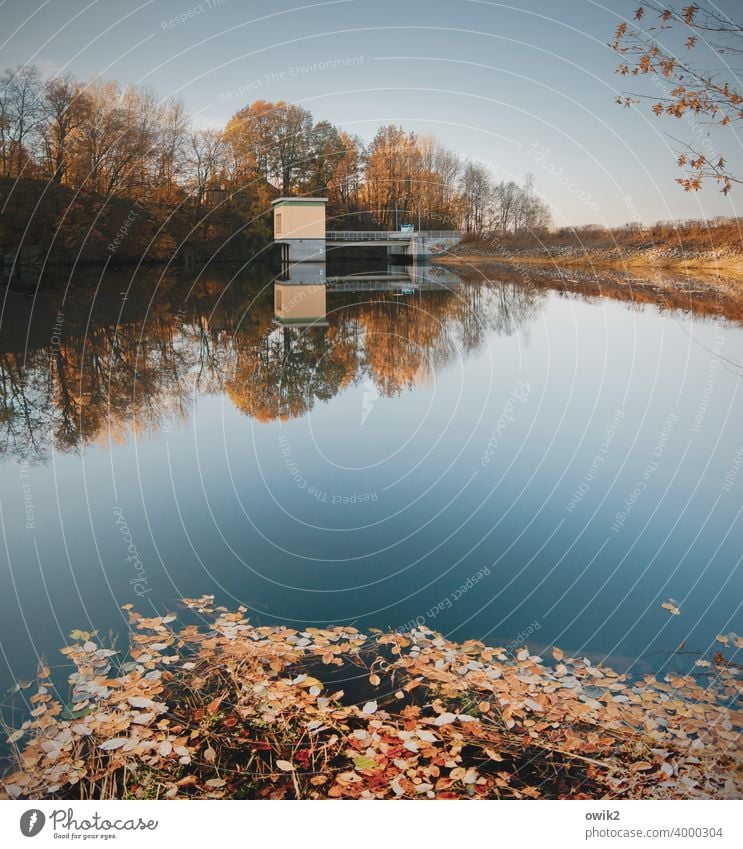 Klärwerk Landschaft Natur Wasser Horizont Wolkenloser Himmel Umwelt Sonne See Baum Pflanze Schönes Wetter Beton glänzend ruhig Idylle Farbfoto Menschenleer