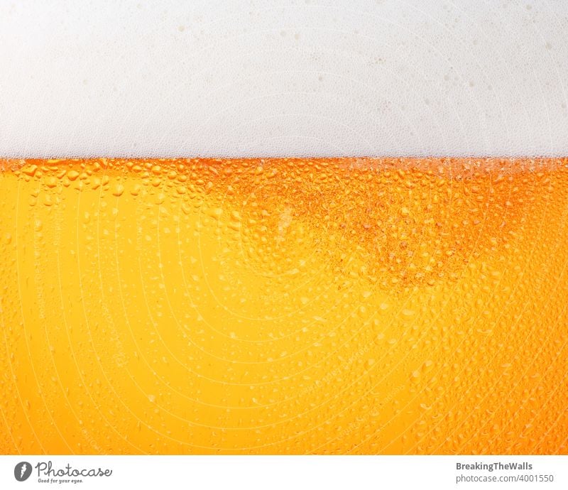 Nahaufnahme des Hintergrunds von Bier mit Blasen im Glas Bierschaum Gießen frostig frisch Lagerbier Tropfen Seite Ansicht tiefstehend Winkel Textur Becher groß