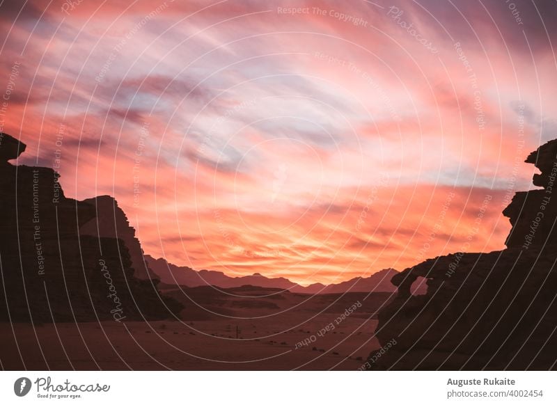 Rosa Sonnenuntergang in der Wüste Wadi Rum, Jordanien wüst Menschenleer Verlassen Sonnenaufgang atemberaubend goldene Stunde rosa braun Sand Steine Schlucht