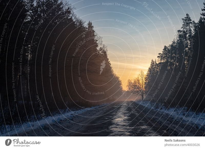 beschädigte Asphalt Landstraße durch Wald in schönen nebligen Sonnenaufgang Winter Straße Schnee Landschaft kalt Baum Natur Himmel weiß Frost Bäume