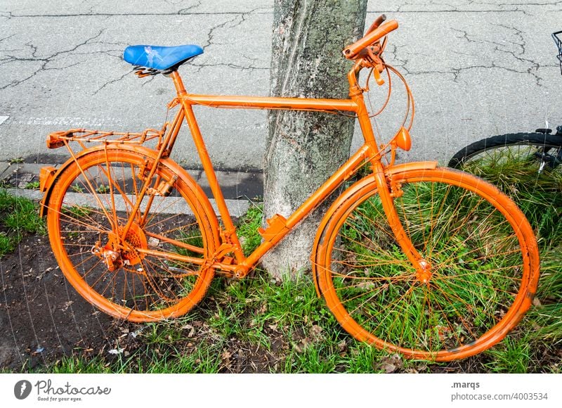 Fahrrad orange Fahrradfahren Radfahren Radfahrer Verkehr orangefarbenes Fahrrad anlehnen Pause Ausflug unifarben einfarbig parken Mobilität außergewöhnlich