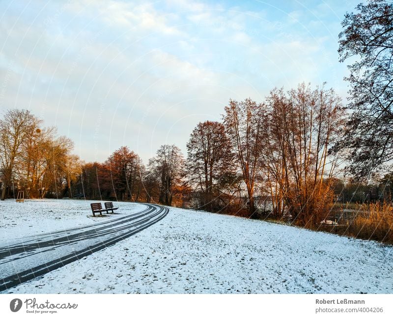 Sonnenaufgang in einem verschneiten Park wald schnee winter bäume winterlich sonnenschein frost eis fenster eingefroren weg panorama eiskristalle laubwald