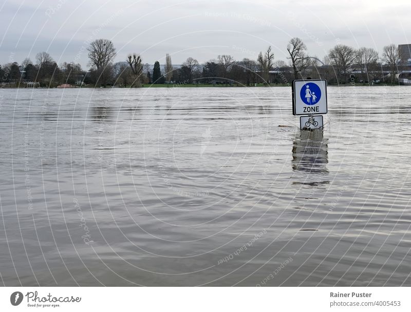 Extremes Wetter: Straßenschilder in einer überfluteten Fußgängerzone in Köln, Deutschland Klima Klimawandel Desaster Extremwetter fluten überflutete Straße