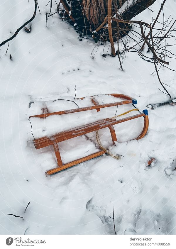 Was vom Rodeln übrig blieb: Schlitten im Schnee Zentralperspektive Starke Tiefenschärfe Kontrast Schatten Textfreiraum unten Textfreiraum oben