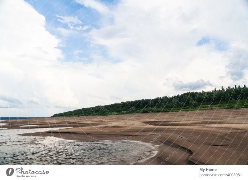 Das sandige Ufer des Flusses Jenissei. Nördlich des Krasnojarsker Territoriums Strand blau Wolken Wald Grün Landschaft Natur Felsen Sand Sibirien Himmel Stein