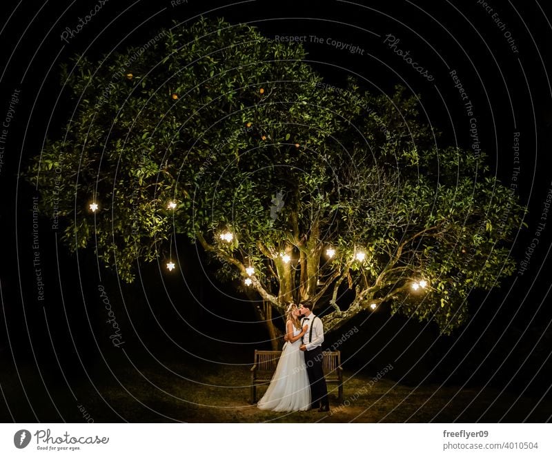 Ehepaar unter einem Baum an ihrem Hochzeitstag Heirat Engagement Braut Menschen jung attraktiv Textfreiraum Nacht Lichter Schmuckanhänger Natur außerhalb Liebe