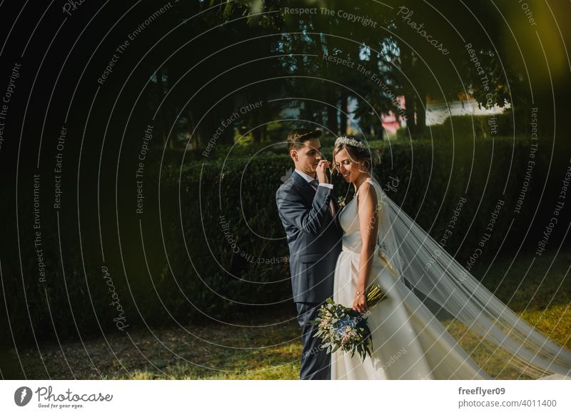 Junges Paar schaut sich an ihrem Hochzeitstag an Heirat Engagement Braut Menschen jung attraktiv Textfreiraum striegeln Baum Natur Außenseite Sonnenlicht Sommer