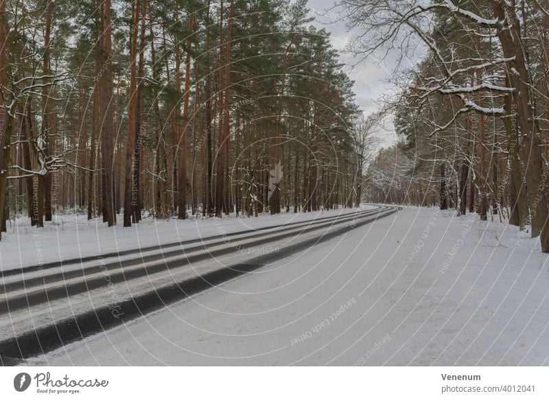 Deutschland , Land Brandenburg , 10. Februar 2021 , Landkreis Teltow Fläming,Gottower Chaussee K7222 zwischen der Stadt Luckenwalde und dem Dorf Gottow,Landstraße im Winter mit Schnee