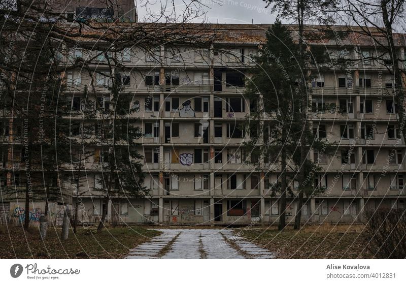 Verlassenes Appartmentgebäude mit Graffiti darauf und Kiefern drum herum verlassenes Gebäude Landschaft verlassene Straße verlassener Ort