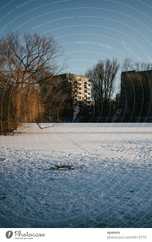 Zugefrorener und vollgeschneiter Appelhoffweiher See mit Plattenbau im Hintergrund plattenbau Plattenbauweise Steilshoop blau schatten fenster hauswand Haus