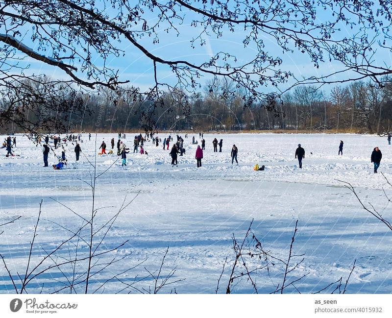 Eislaufen Schlittschuhlaufen Natur See Winter Menschen Schnee kalt Frost gefroren frieren weiß Landschaft im Freien Außenaufnahme zugefrorener see Eisfläche