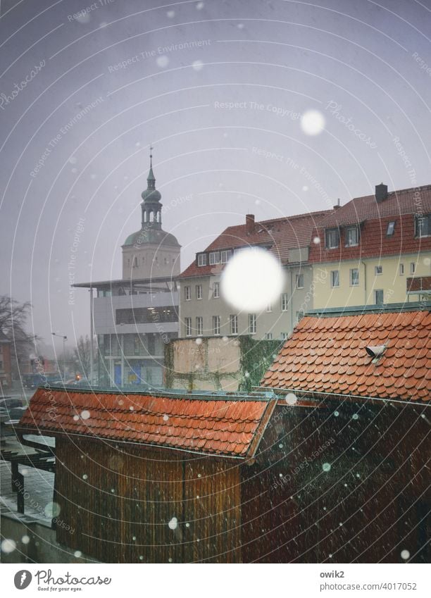 Einsame Flocken Stadtzentrum Haus Wetter Winter Schneefall Schönes Wetter Himmel dunkel kalt glänzend Außenaufnahme Detailaufnahme Gedeckte Farben Farbfoto